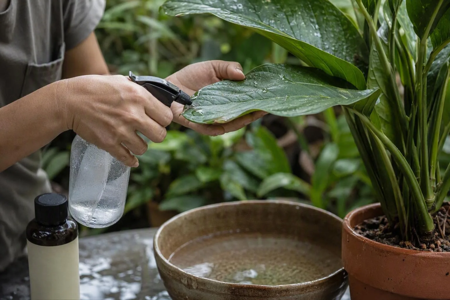 A gardener rinses the underside of a potted leaf before applying a contact treatment.
