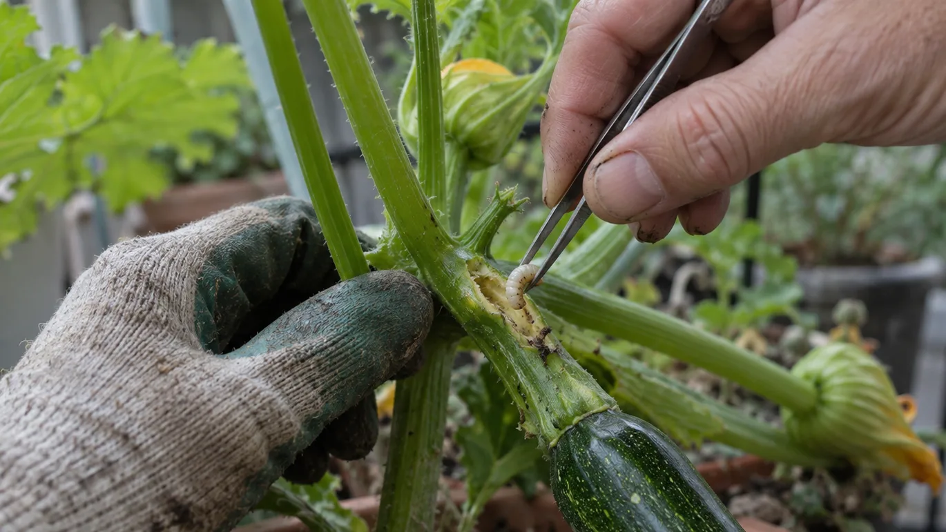 Gloved hands make a tiny slit in a zucchini stem to remove a hidden larva.