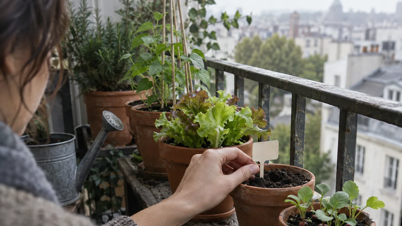 Small balcony pots show radishes, lettuce, and beans growing at different stages.