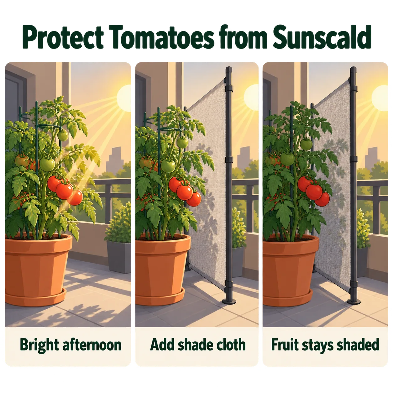 A shade screen blocks afternoon sun from balcony tomatoes, helping prevent sunscald on exposed fruit.