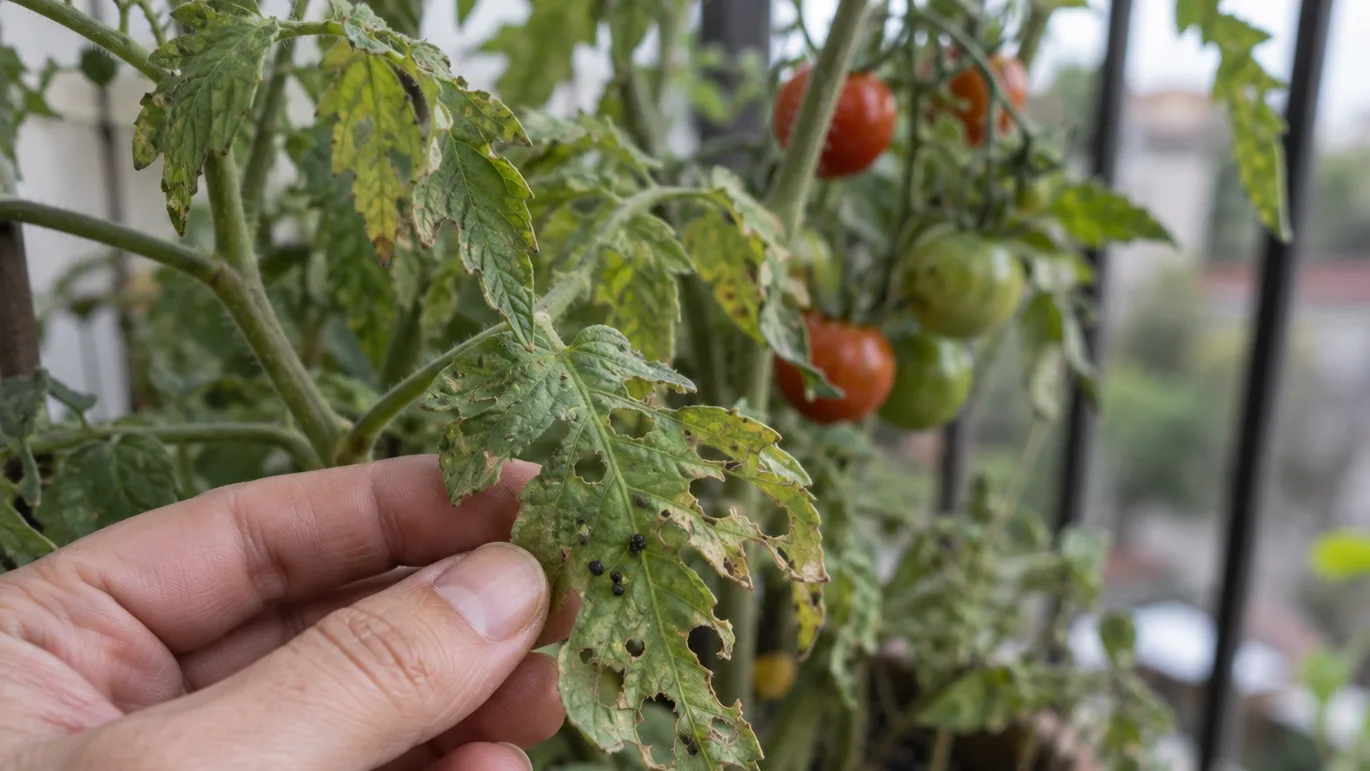A hand checks ragged tomato leaves and dark droppings for early pest damage.