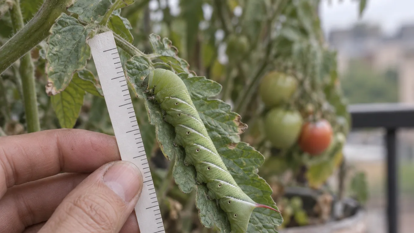 A green caterpillar rests beside a small ruler, showing pale markings and a rear horn used for comparison.