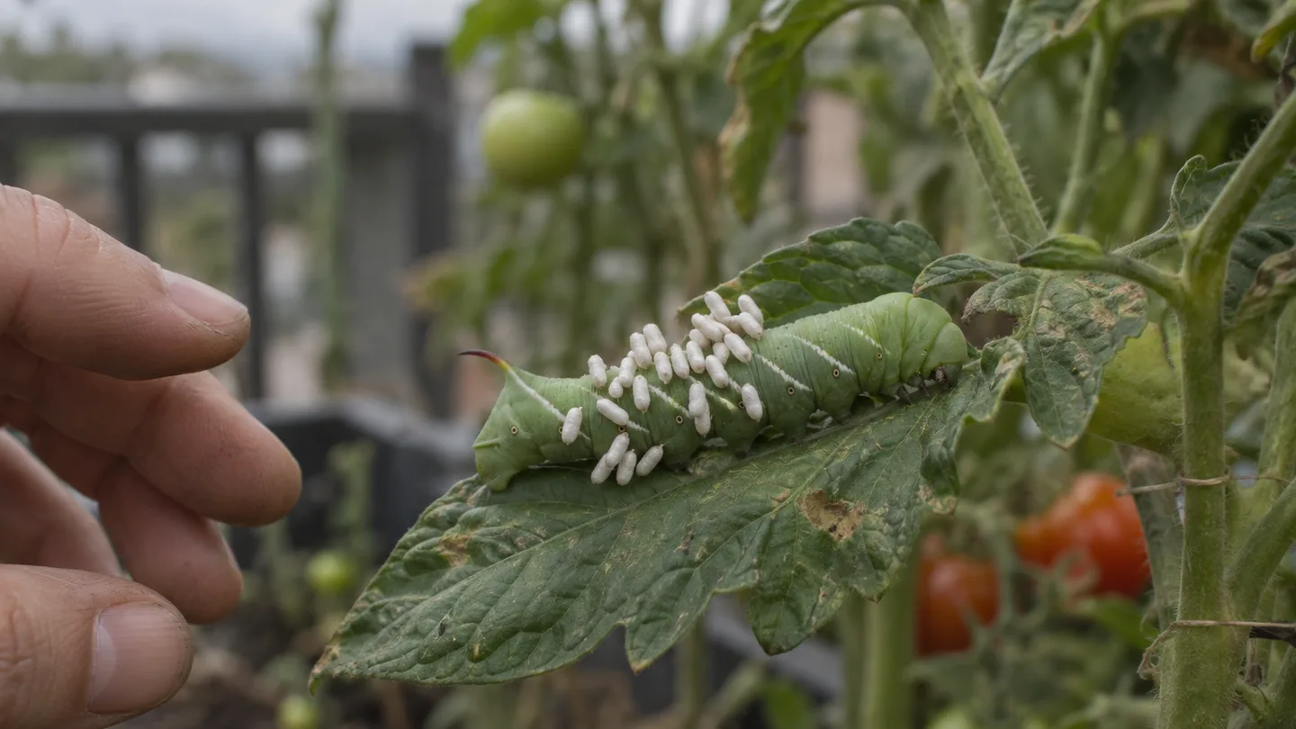 A cocoon-covered caterpillar rests on a tomato leaf while a hand pauses nearby instead of removing it.