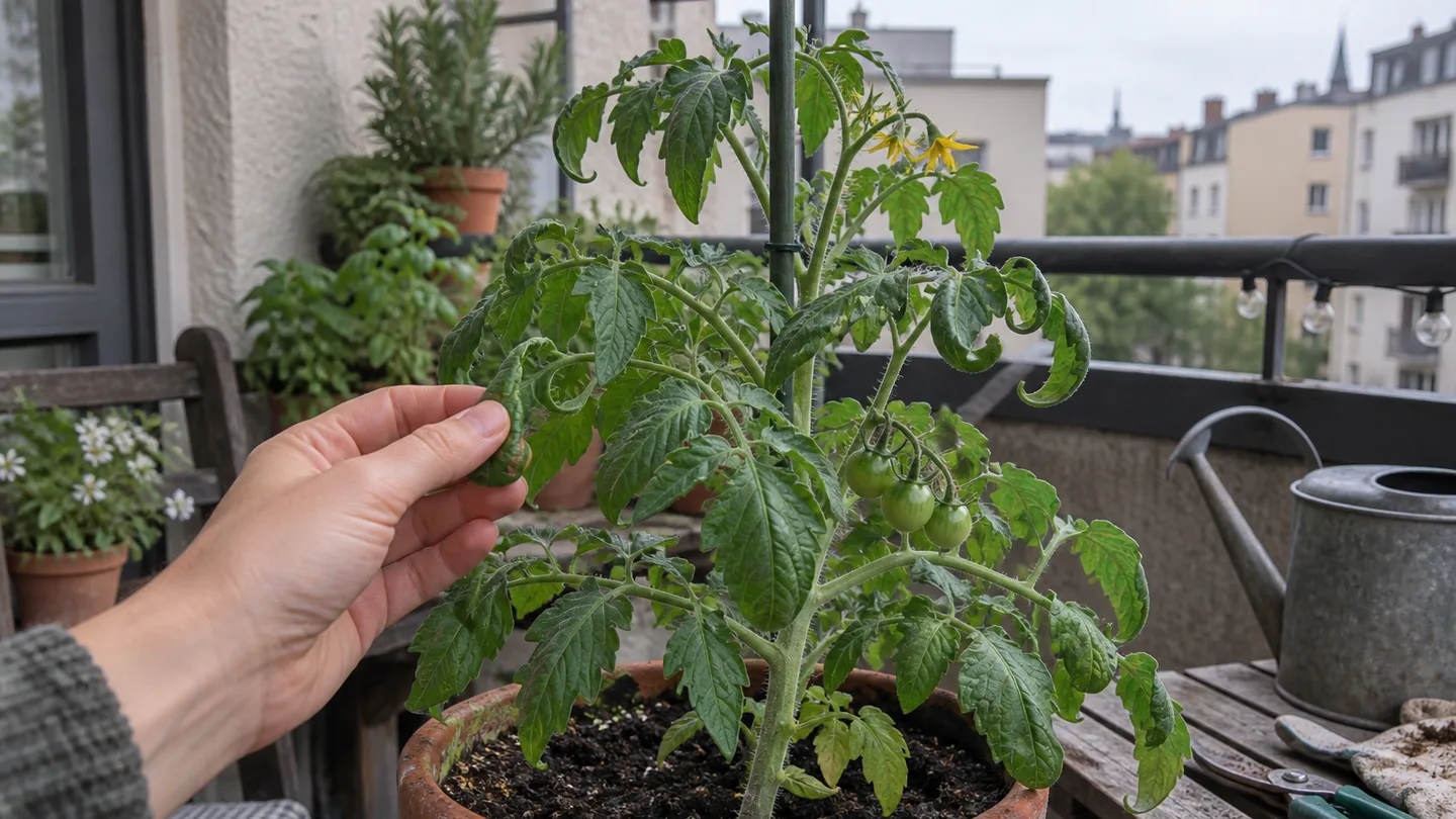 A potted tomato plant shows curled leaves on an apartment balcony before a gardener checks its health.
