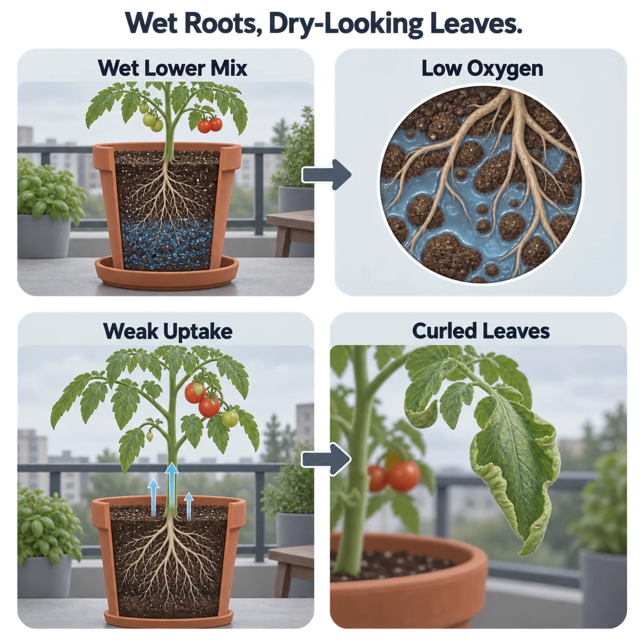 A pot-to-leaf sequence shows why excess water around roots can still cause visible plant stress.