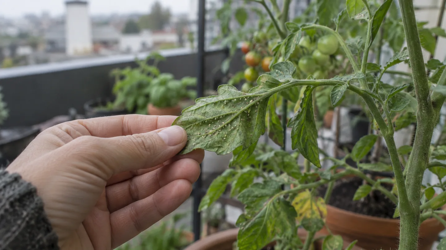 A hand lifts a tomato leaf, revealing tiny pests, pale stippling, and fine webbing underneath.