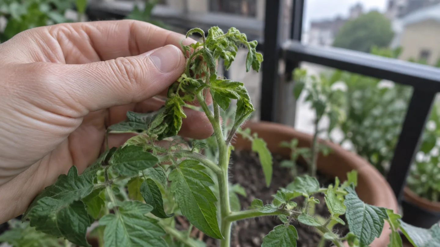 A gardener checks twisted, cupped new growth on a potted tomato plant for signs of spray damage.