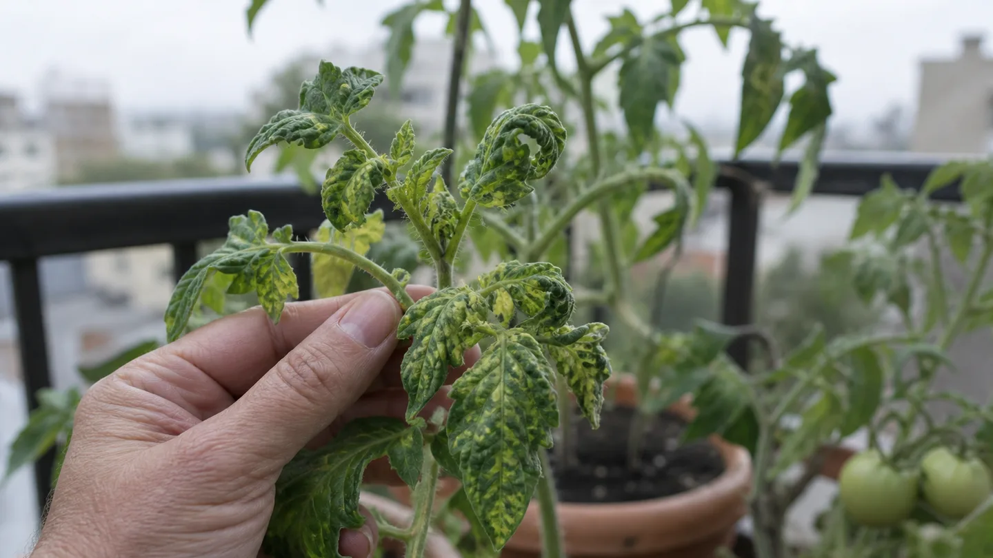 A gardener examines mottled, curled leaves and stunted growth on a balcony tomato plant.