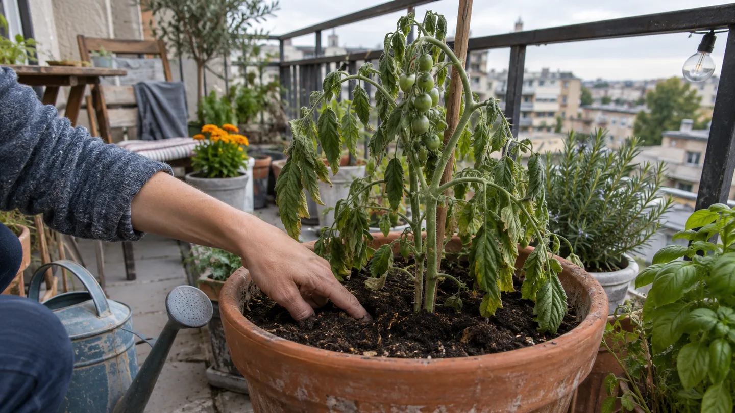 A drooping tomato plant in a large pot as a hand checks the soil to diagnose its water needs.