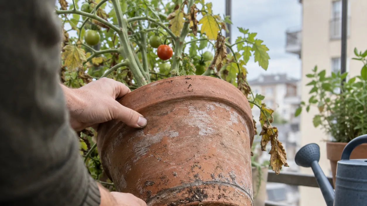 Hands tilt a tomato pot to reveal clogged drainage holes and standing water, a hidden cause of drooping leaves.