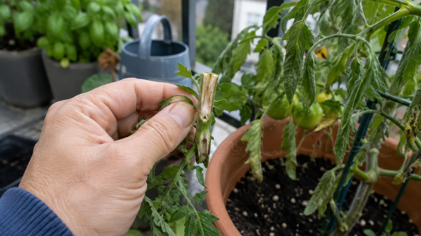 A cut tomato stem with brown inner streaks is held beside a drooping potted plant for cautious diagnosis.