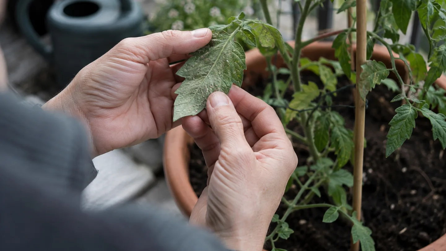Hands turn over a tomato leaf to find tiny pests, pale spots, sticky residue, and fine webbing.