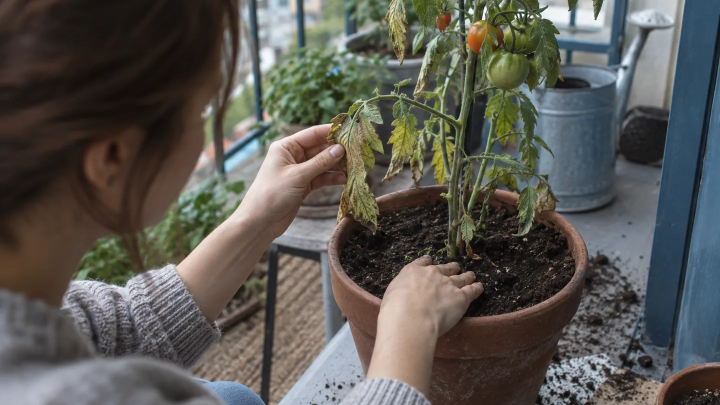 Hands inspect wilted leaves, the stem, and soil at the base of a balcony tomato plant.