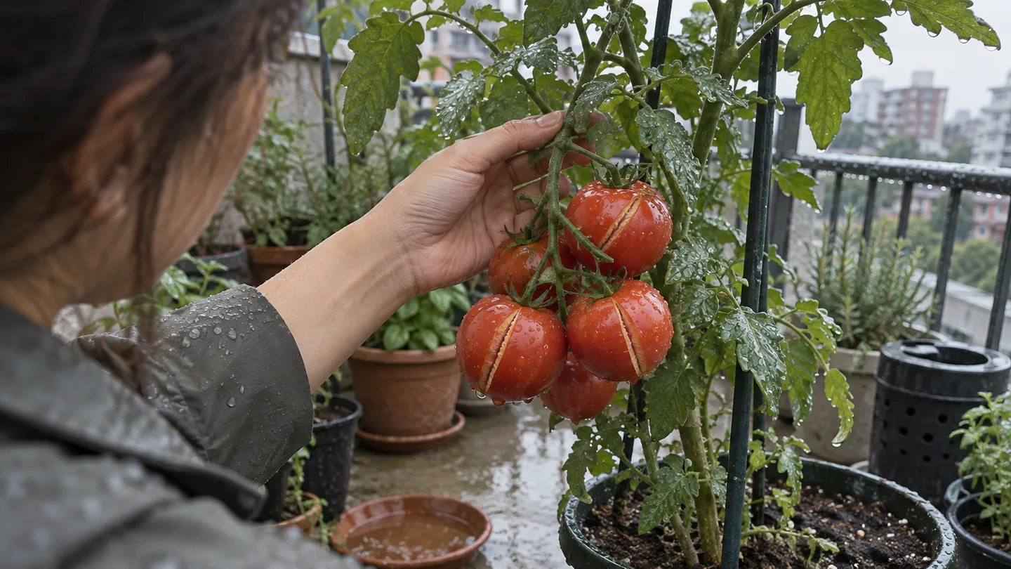 Freshly split red tomatoes hang over wet soil on a balcony, showing rain damage before decay begins.