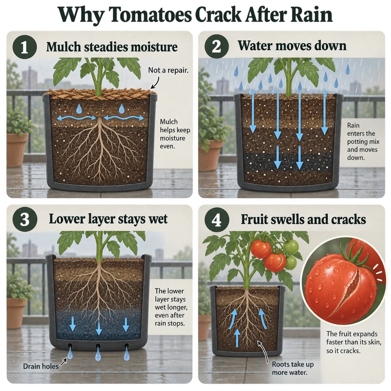 A four-step cutaway shows rainwater moving through a mulched pot and causing a split tomato.