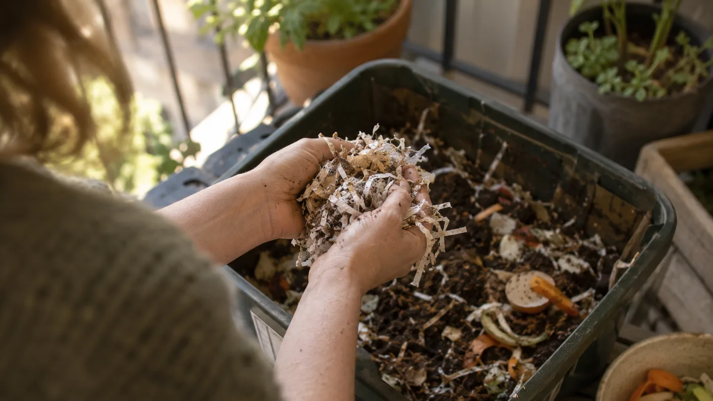 Hands squeeze shredded paper bedding above a worm bin to check that it is lightly damp.