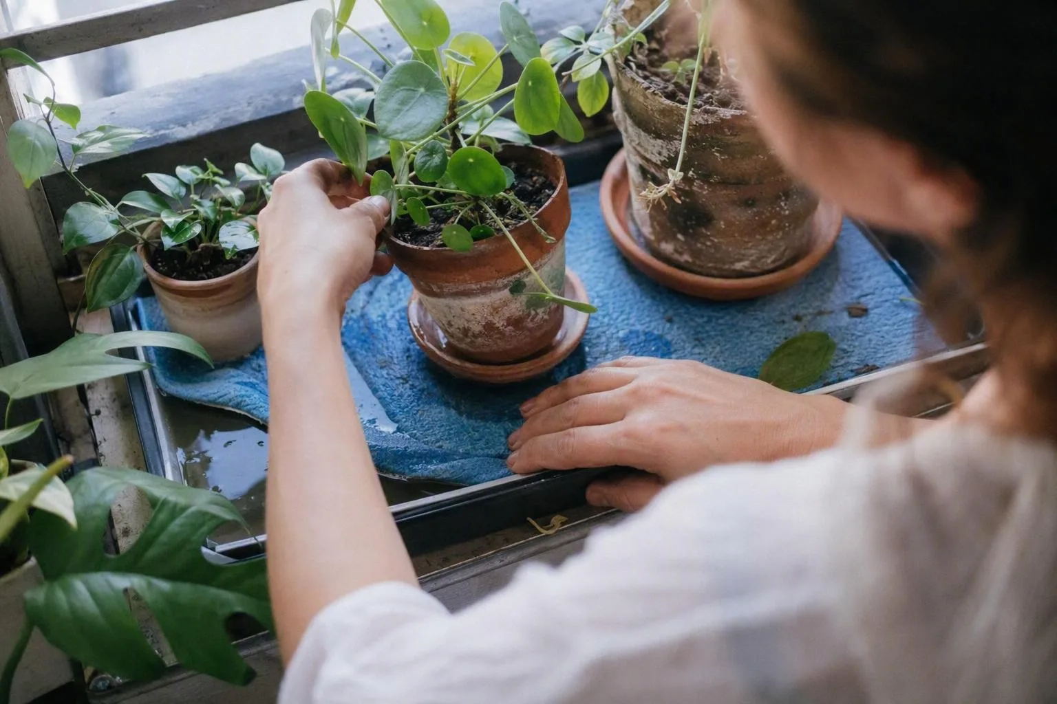 Small potted plants rest on a damp mat beside a shallow tray that supplies them with water.