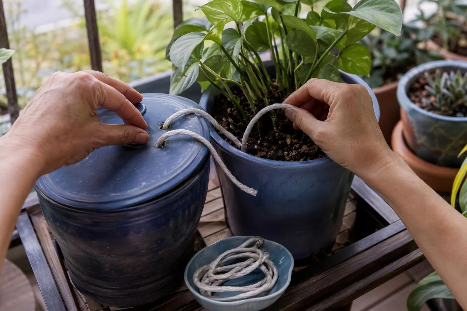 Hands guide absorbent cords from a covered water container into a leafy potted plant for vacation watering.