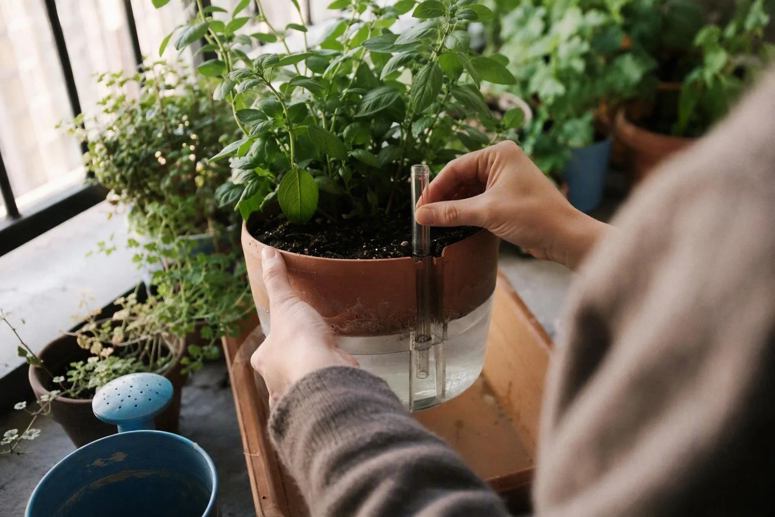 A hand checks the fill tube on a planter with thriving leaves and a visible water reservoir.
