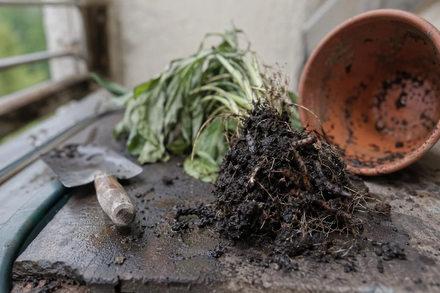 A wilted houseplant lies beside its damp tipped pot, exposing dark damaged roots for inspection.