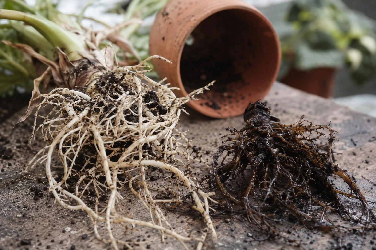 Firm pale roots sit beside dark collapsed roots, making the plant’s condition easy to compare before watering.