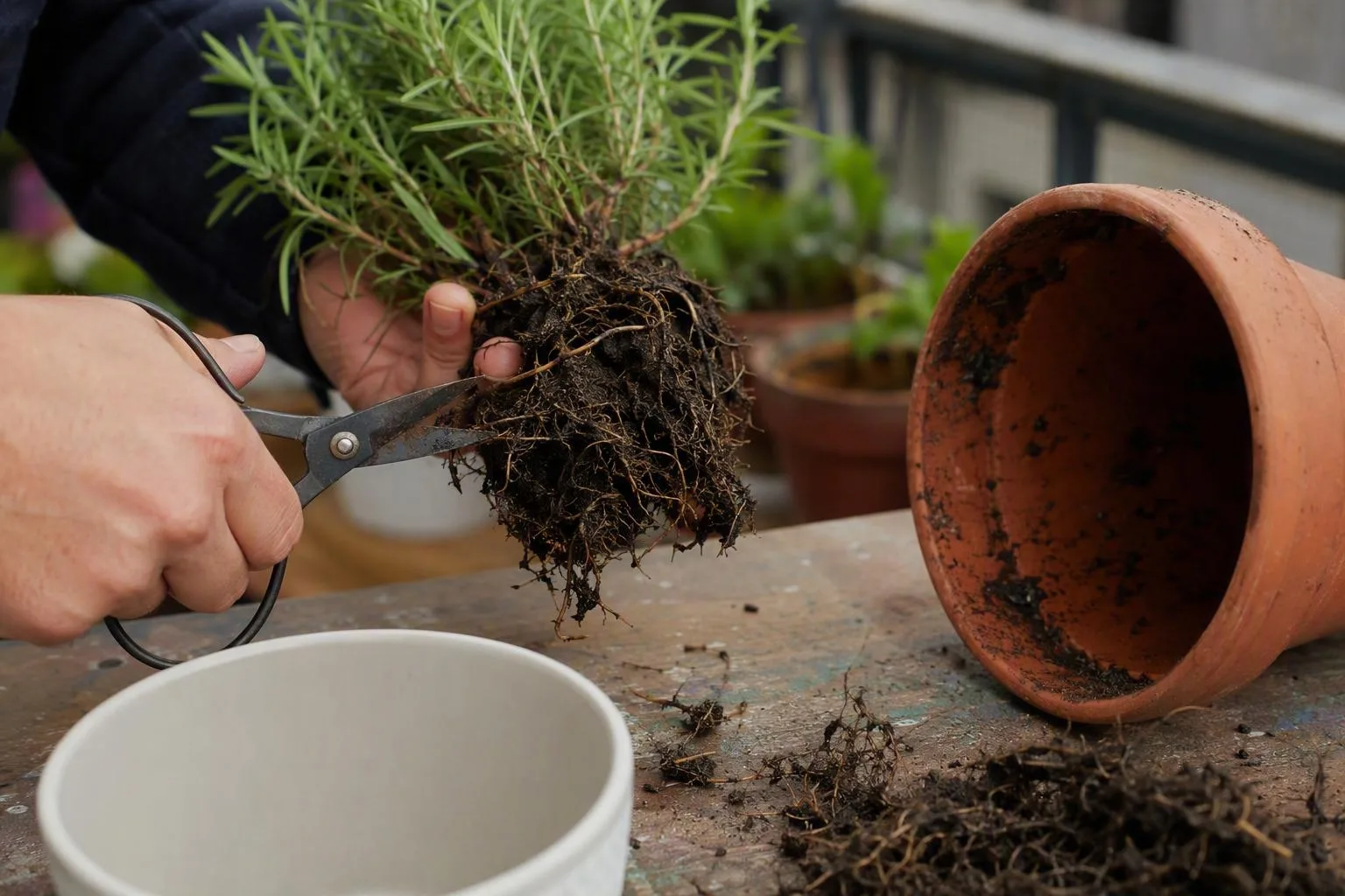 A hand trims dark roots beside a tipped terracotta pot before the plant is repotted.