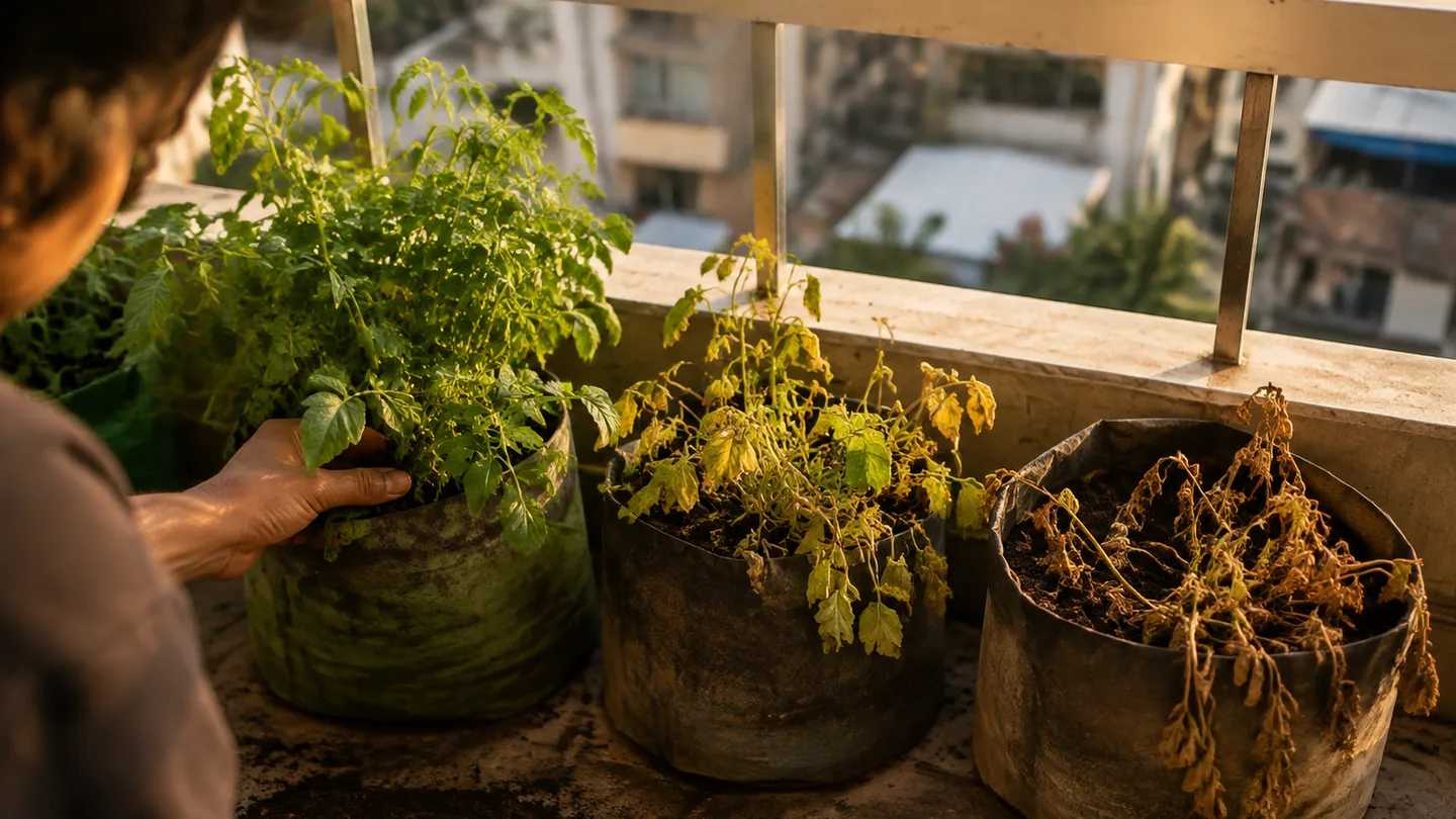 A gardener compares healthy upright stems with yellowing and collapsed leaves to judge harvest timing.