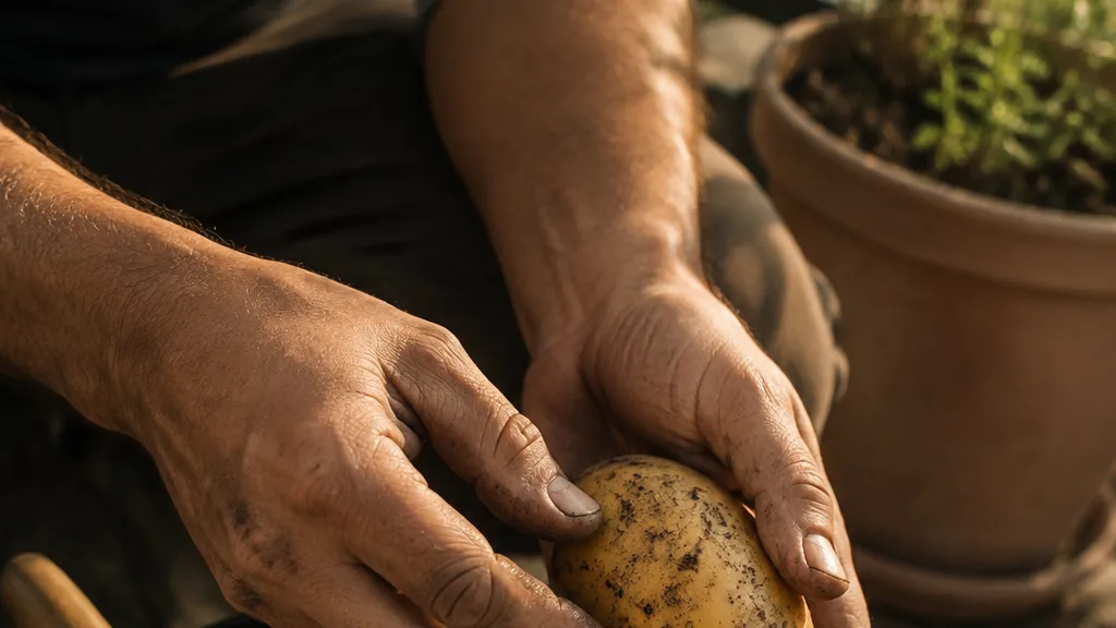 Hands gently rub a freshly dug potato to check whether its skin is ready for harvest.