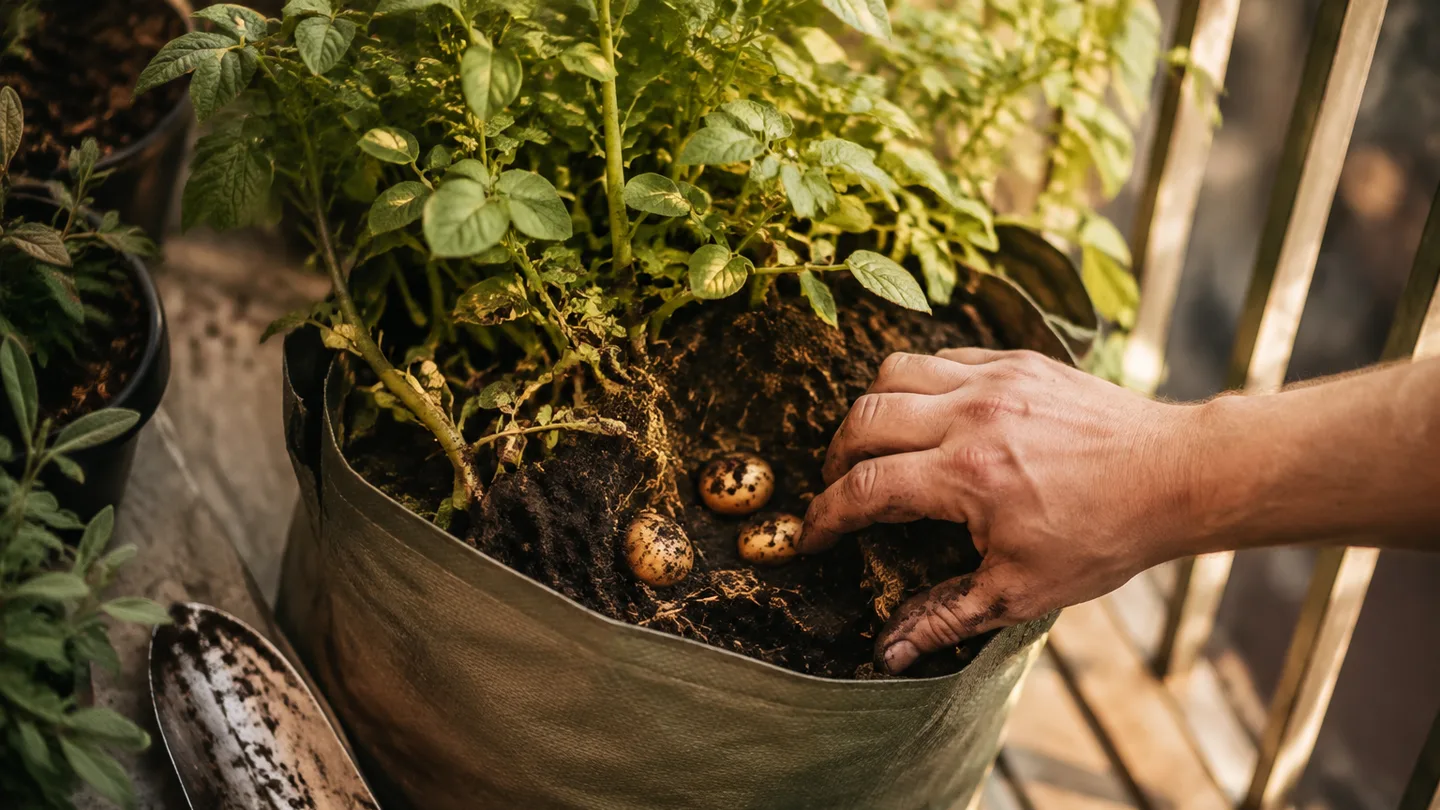 A hand gently uncovers a few potatoes at the edge of a balcony grow bag without emptying the container.