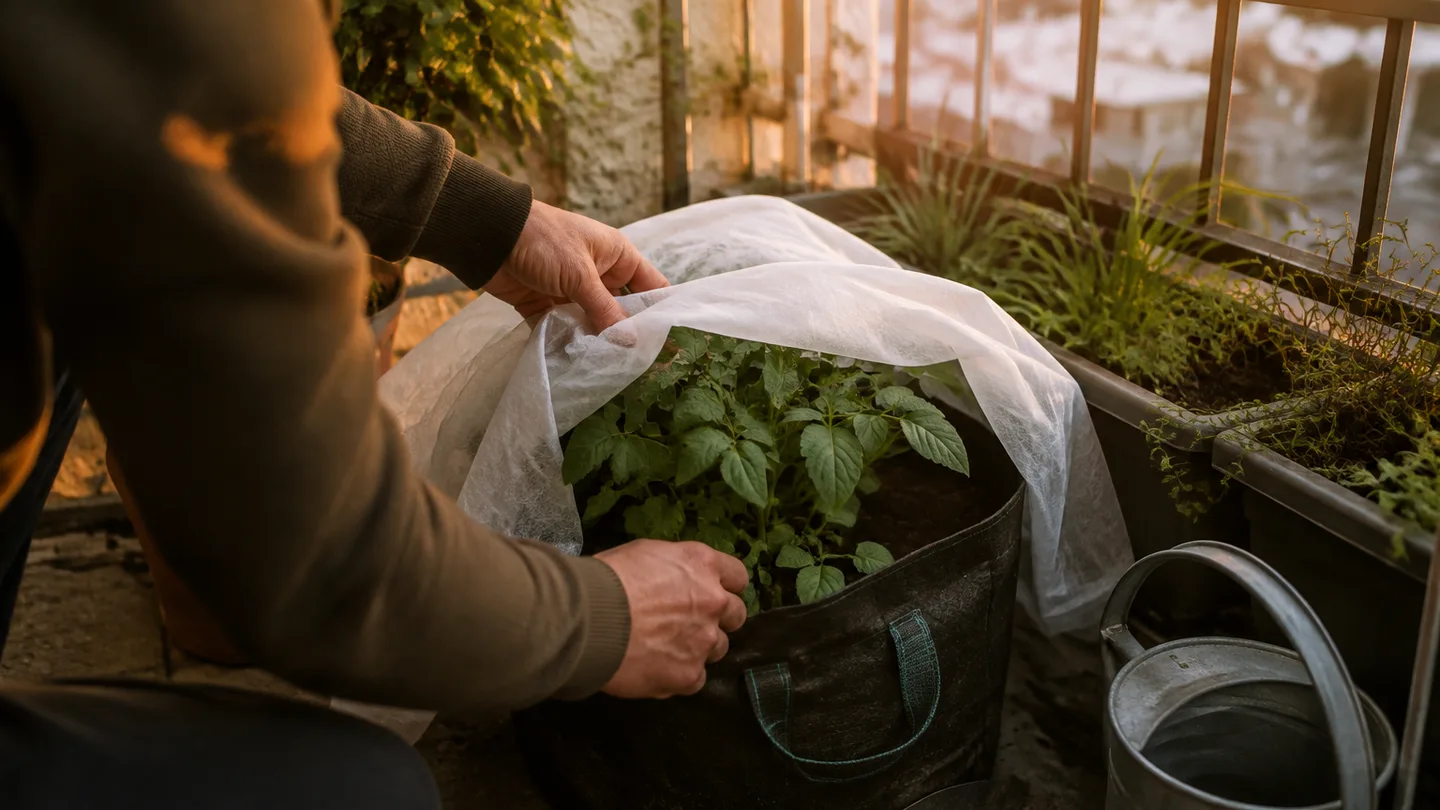 Hands cover a container potato plant with protective fabric before a near-freezing night on an urban balcony.