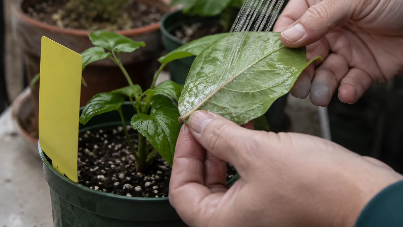A leaf is rinsed over a balcony pot beside a yellow card used to monitor pests.