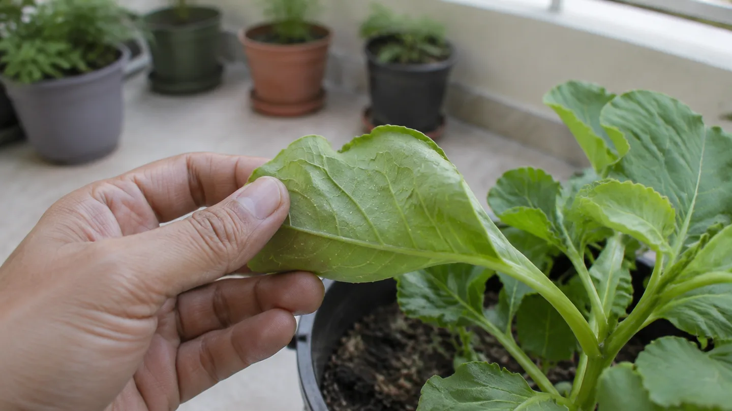 A hand checks one potted plant while nearby containers sit apart on a balcony.