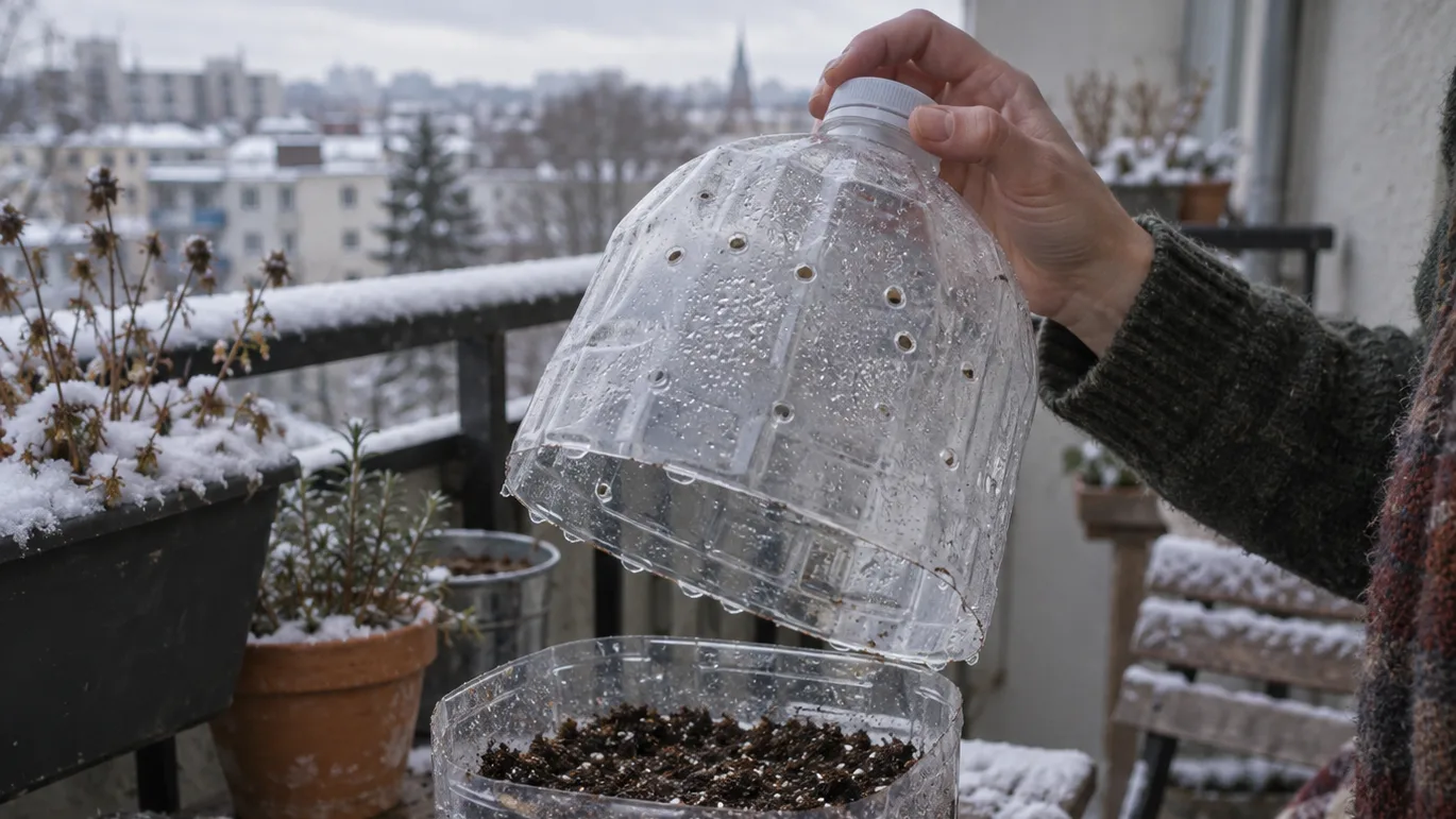 A hand lifts a clear vented sowing jug lid, revealing damp mix on a snowy balcony.