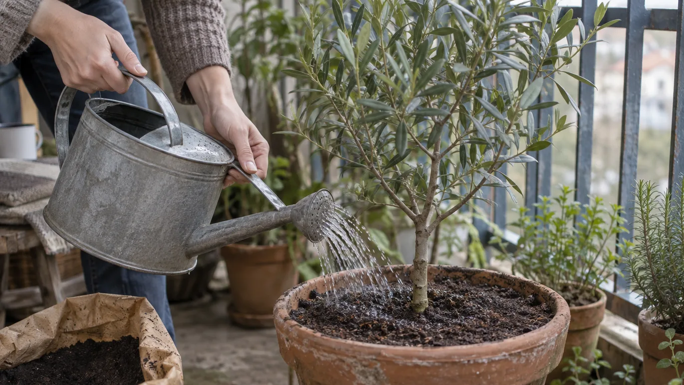 Hands gently water a potted plant while leaving a clear ring around its stem.