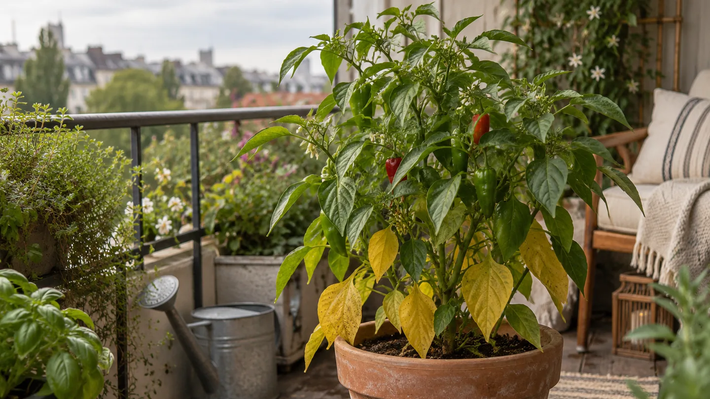 A potted pepper plant has yellow lower leaves beneath healthy green growth on an apartment balcony.