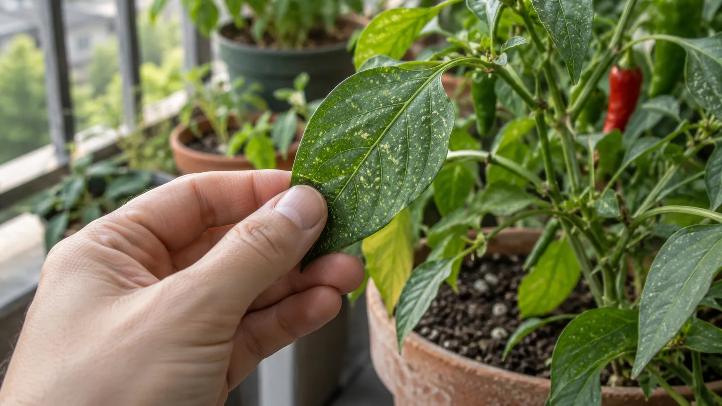 A hand turns a pepper leaf dotted with pale speckles for a closer pest check.